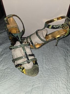 Coach Green Snake-Print Strappy Heels with Gold Insole